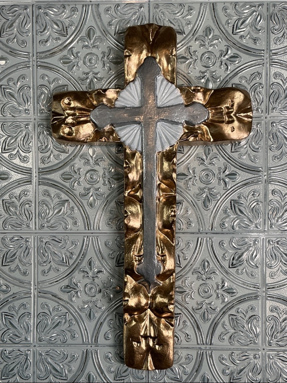 Vintage Ornate Resin Wall Cross Gold Silver White Finish Spanish Mission Style